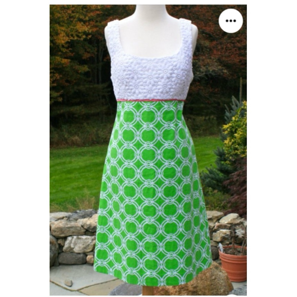 Vintage Lilly Pulitzer Sheath Dress Crochet Top Green Geometric Sundress Preppy - Picture 2 of 13